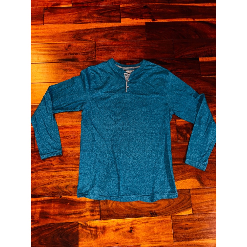 PD&C Henley Shirt Mens Large Teal Blue Excellent Long Sleeve Heathered Cotton